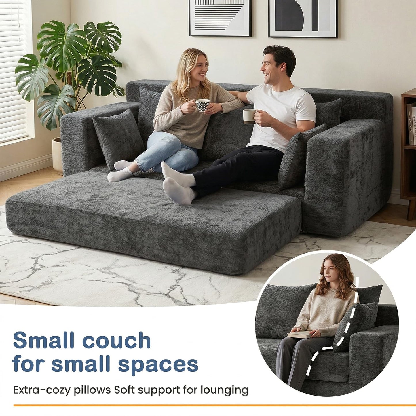 Winzoo Boneless Couches 70", 3 Seater Boneless Couch with Pull Out Sofa Bed, Gray Boneless Couch with 5 Pillows, Plush Velvet Sofa for Living Room & Bedroom