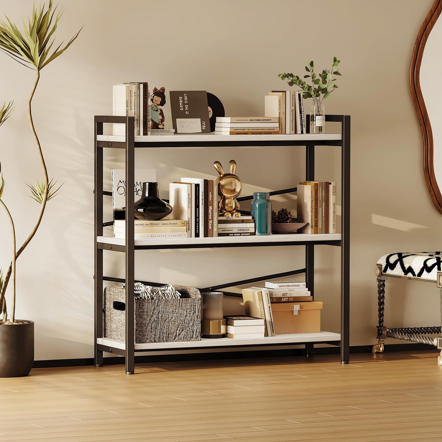 Book Shelf, 3 Tier Bookshelf 31.49" Width, Book Shelf Storage and Organization, Wooden and Metal Industrial Bookcase, Large Book Shelves for Home Living Room Bedroom Office Storage(White)