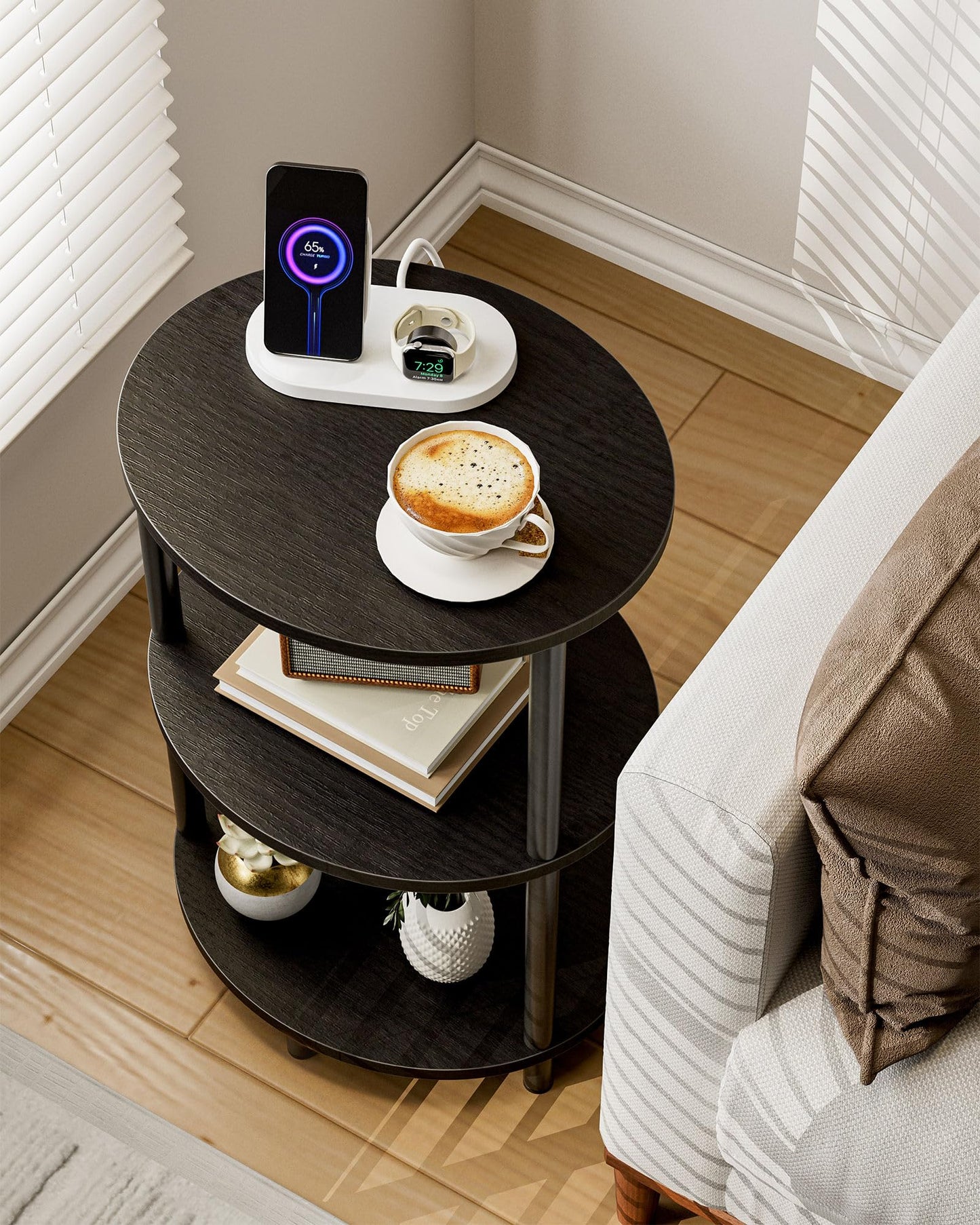 RISWER Small Round Side Table - 3-Tier Oval Accent Table for Small Spaces, Rustic Wood and Metal Nightstand for Living Room or Bedroom, Built-in USB Ports and Power Outlet, Charcoal Wenge