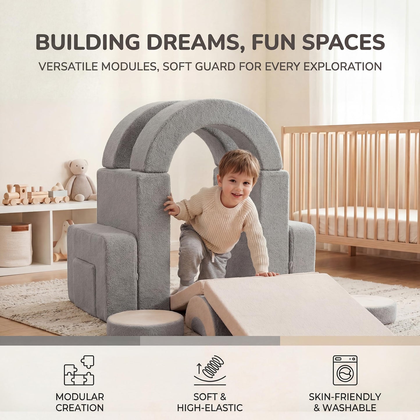 BUMNANA 14pcs Modular Kids Play Couch, Child Sectional Sofa, Fortplay Bedroom and Playroom Furniture for Toddlers, Convertible Foam and Floor Cushion for Boys and Girls