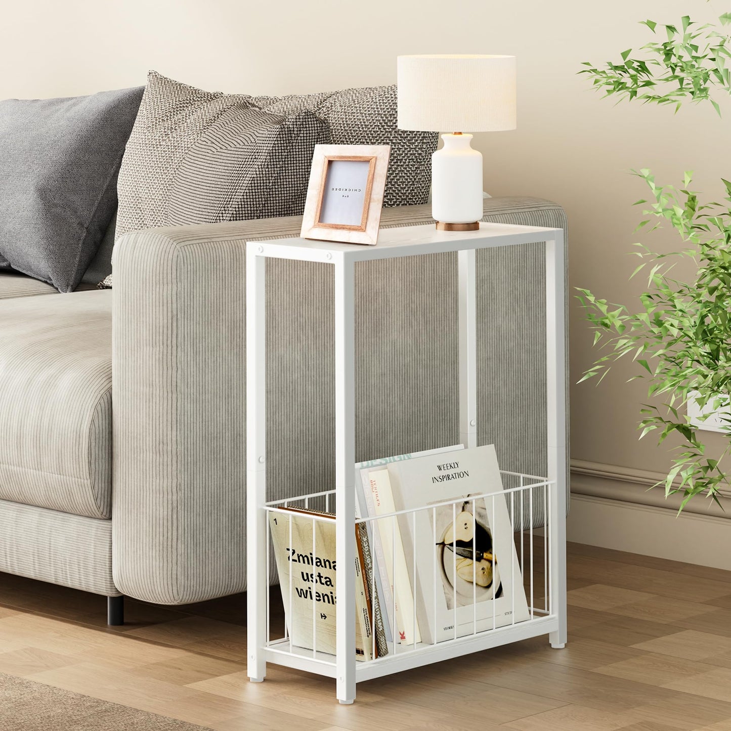 Homleke Narrow Side Table with Magazine Holder, Skinny End Table Perfect for Small Spaces, Space-Saving Design for Living Room, Bedroom, or Office, 7.1" D x 16.9" W x 23.6" H, White