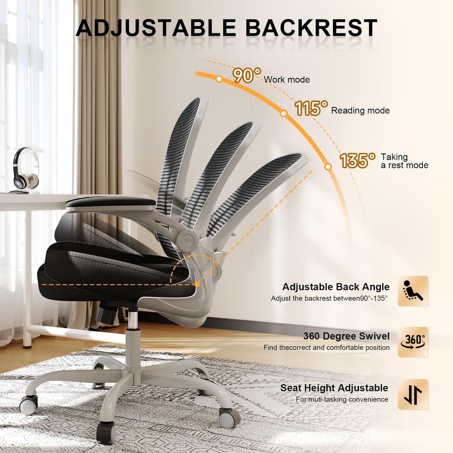 Office Chair, Ergonomic Desk Chairs 330LBS Capacity High Back Mesh Computer Chair with Flip-up Armrests, Comfy Work Chair with Adjustable Lumbar Support