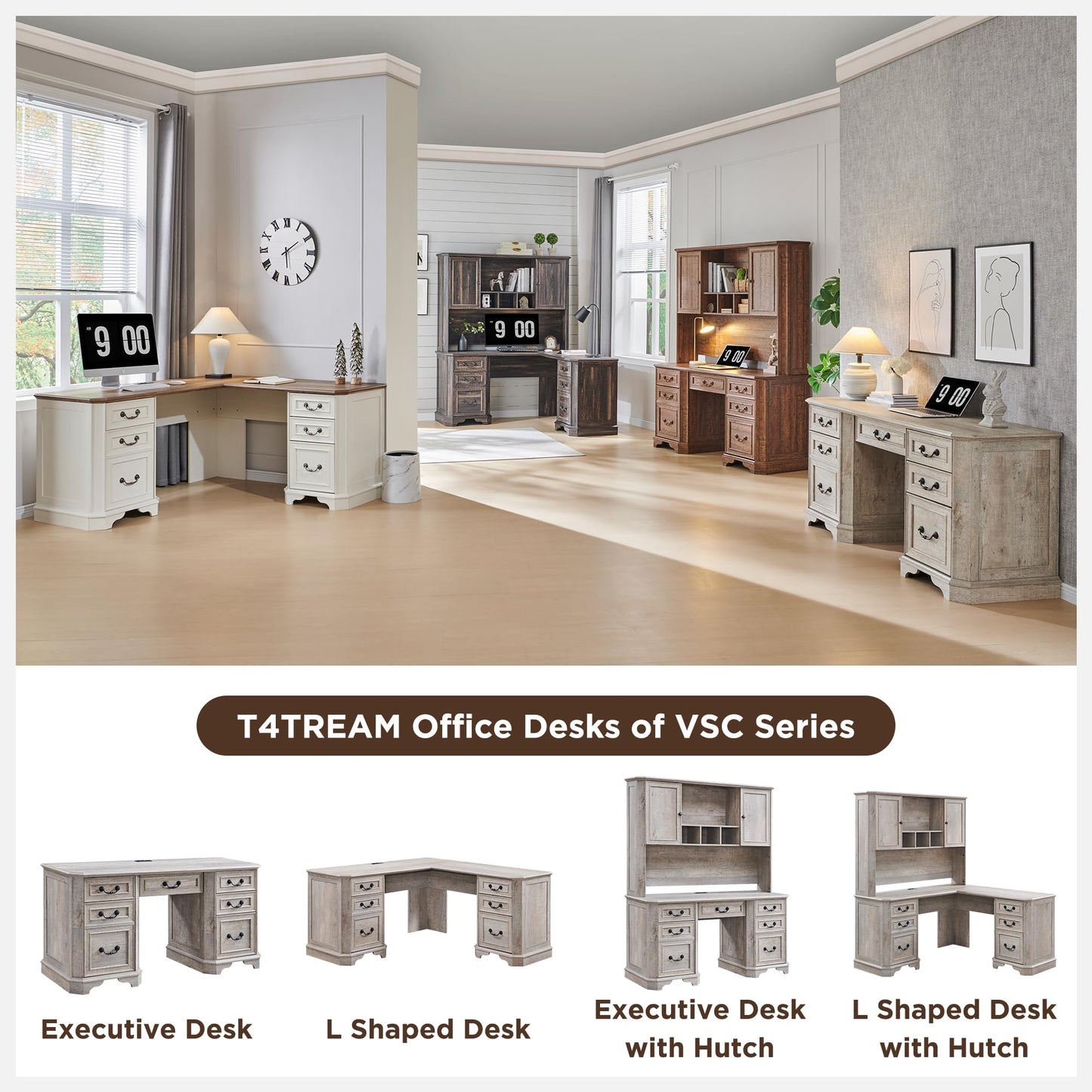 T4TREAM 59" Farmhouse Executive Desk with Hutch,Wood Home Office Computer Desk, Featuring Keyboard Tray,Charging Station,File Drawer, Storage Cabinet,for Work and Study (Light Rustic Oak)