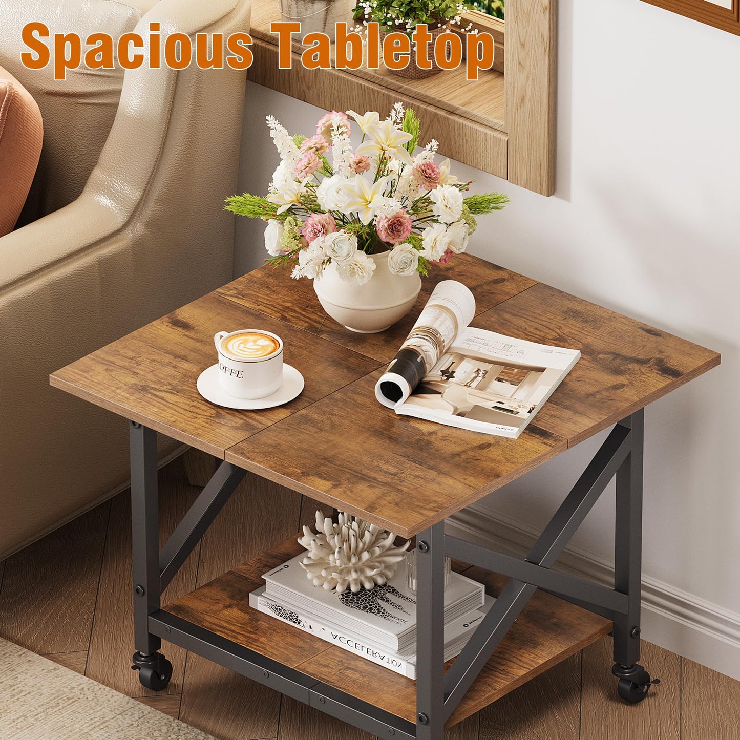 VENNQD 2 Tier Printer Stand, 23.6'' x 23.6'' Large Table with Storage Shelf, Rolling Printer Cart with Wheels, Laser Printer Table for Home Office Living Room Scanner Fax Machine, Rustic Brown