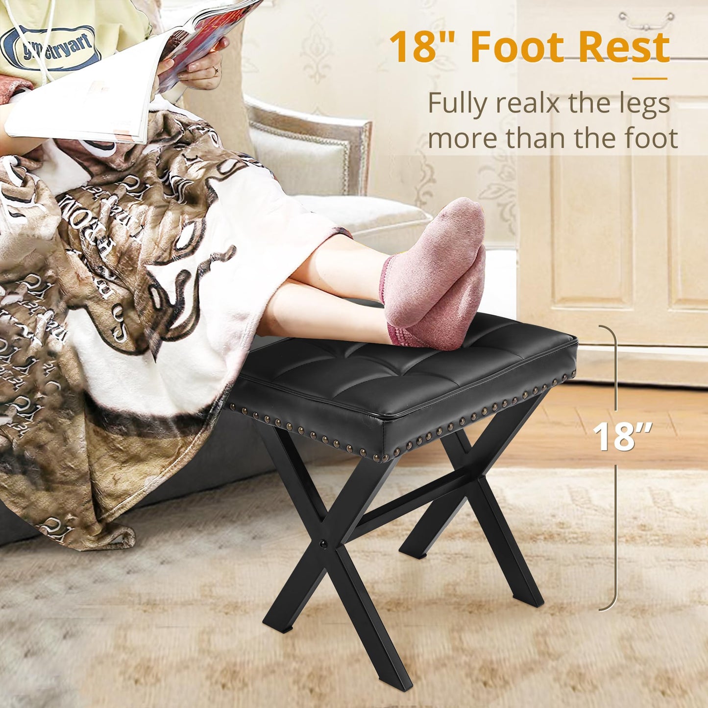 LUE BONA Vanity Stool - Square Faux Leather Makeup Seat With Metal X Legs, Small Ottoman Chair for Makeup Room, Living Room - Modern Padded Foot Rest, Black