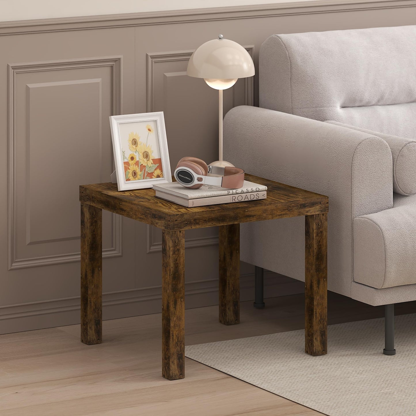Furinno Classic Side Table, Square Modern End Table with 1.8" Triple Thick Tabletop, Simple Night Stand, Bedside Table, Toolless Assembly, for Living Room, Bedroom, Amber Pine