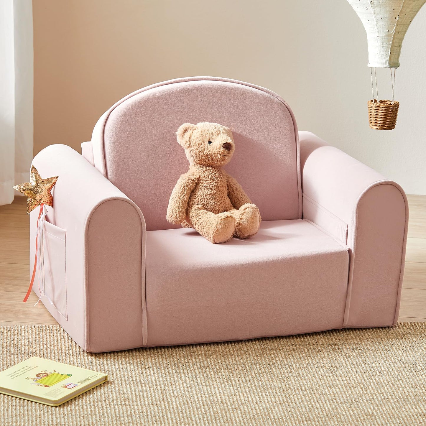 Tiny Land 2-in-1 Foldable Kids Couch with Pockets – Soft Thick Toddler Sofa, Convertible Kids Chair for Playroom, Bedroom or Living Room, Gift for Boys & Girls (Pink)