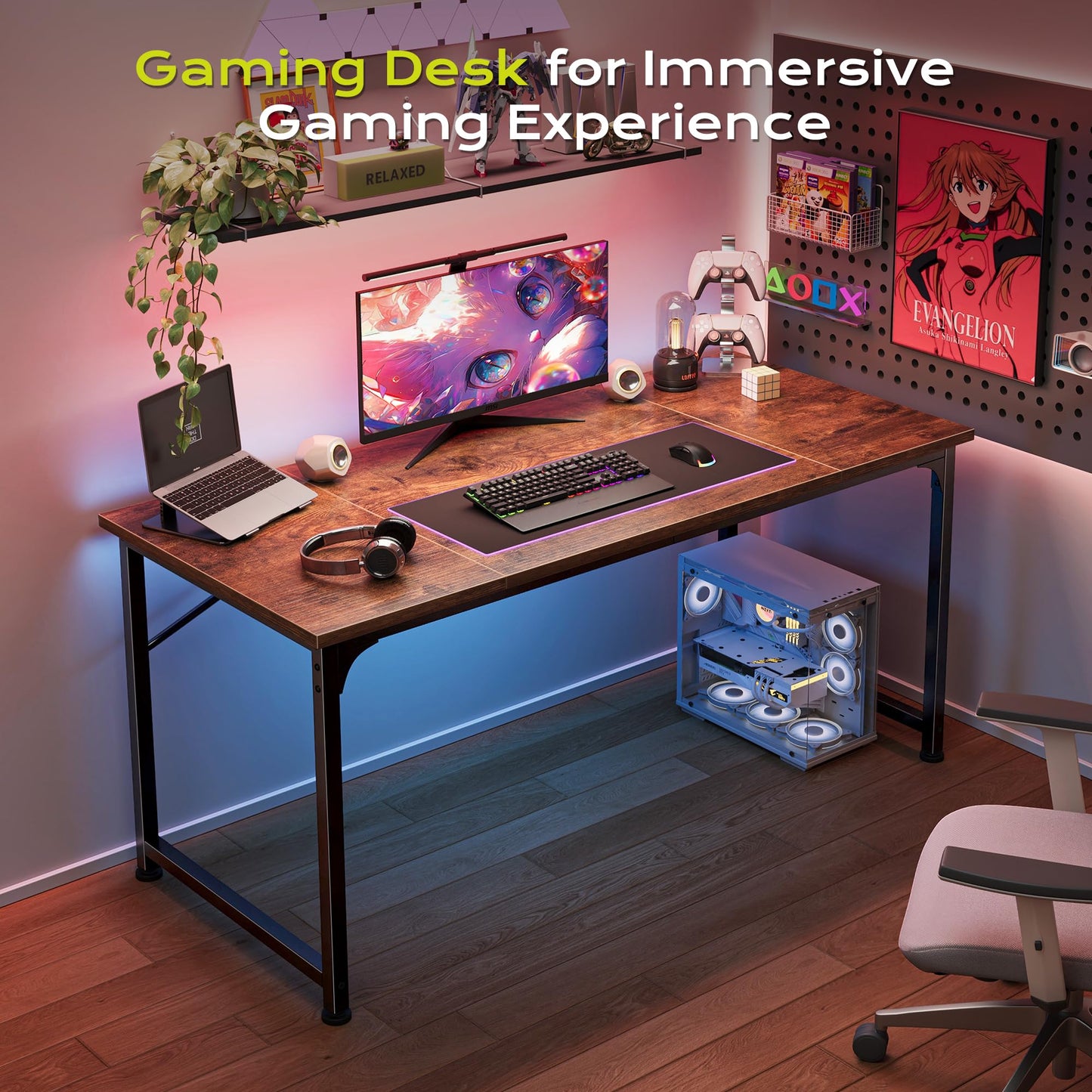 PRAISUN 47 Inch Computer Desk, Home Office Desk with Spacious Desktop, Modern Gaming Desk, Writing Study Table for Bedroom, Small Spaces, Work from Home Desk with Metal Frame, Rusitc Brown