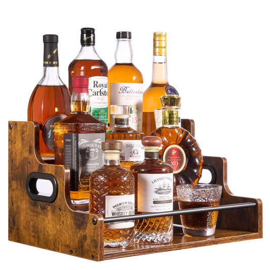 YQBRAO Liquor Bottle Display Shelf, 3-Tier Bar Shelves for Liquor Whiskey, Spirits, Coffee Syrup Rack Organizer with Handles & Metal Guardrail, Bar Bottle Stand for Home, Kitchen, Cafe