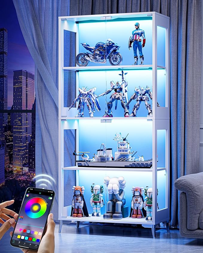 Display Cabinet with Glass Doors, 4-Tier Curio Cabinet, Adjustable Shelves