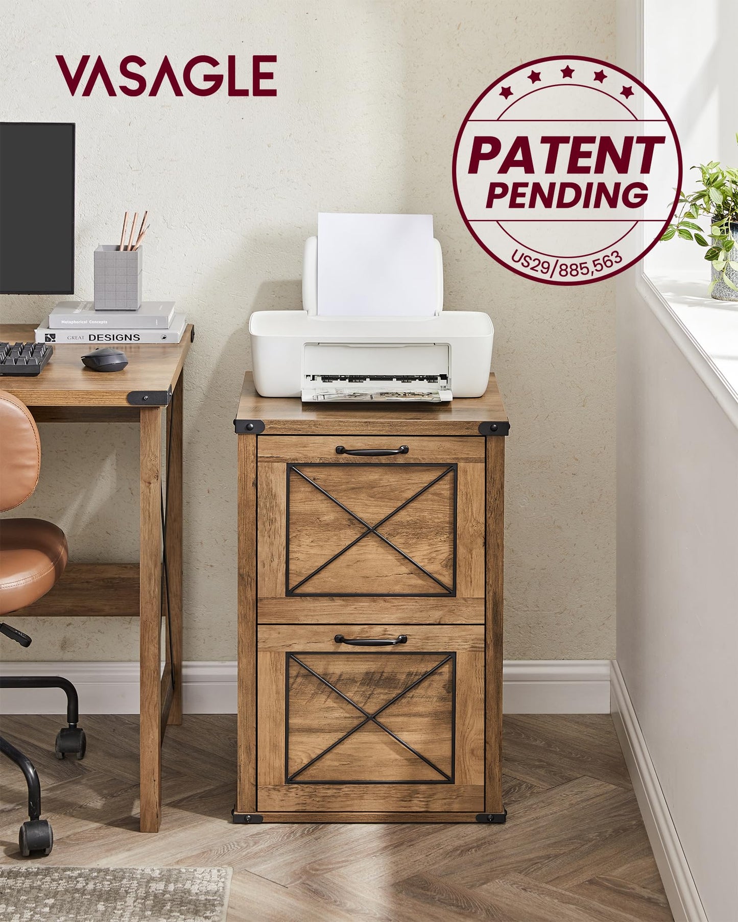 VASAGLE File Cabinet, Filing Cabinet with 2 File Drawers, Printer Stand, Fit A4, Letter Size, Hanging File Folders, Modern Farmhouse Style, for Home Office, Honey Brown UOFC048T41