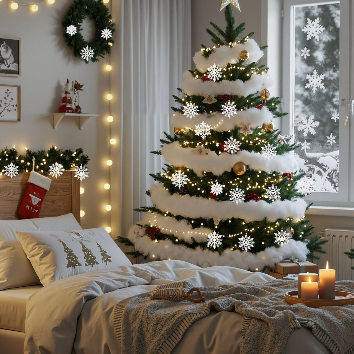 Soulchen Winter Tree Decoration Set 36 Pcs White Snowflake Ornament 11.3 oz Artificial Fluffy Snow Fake Cloud Plastic Glitter Snowflake Hanging for Wreath Garland Holiday Indoor Outdoor Wonderland
