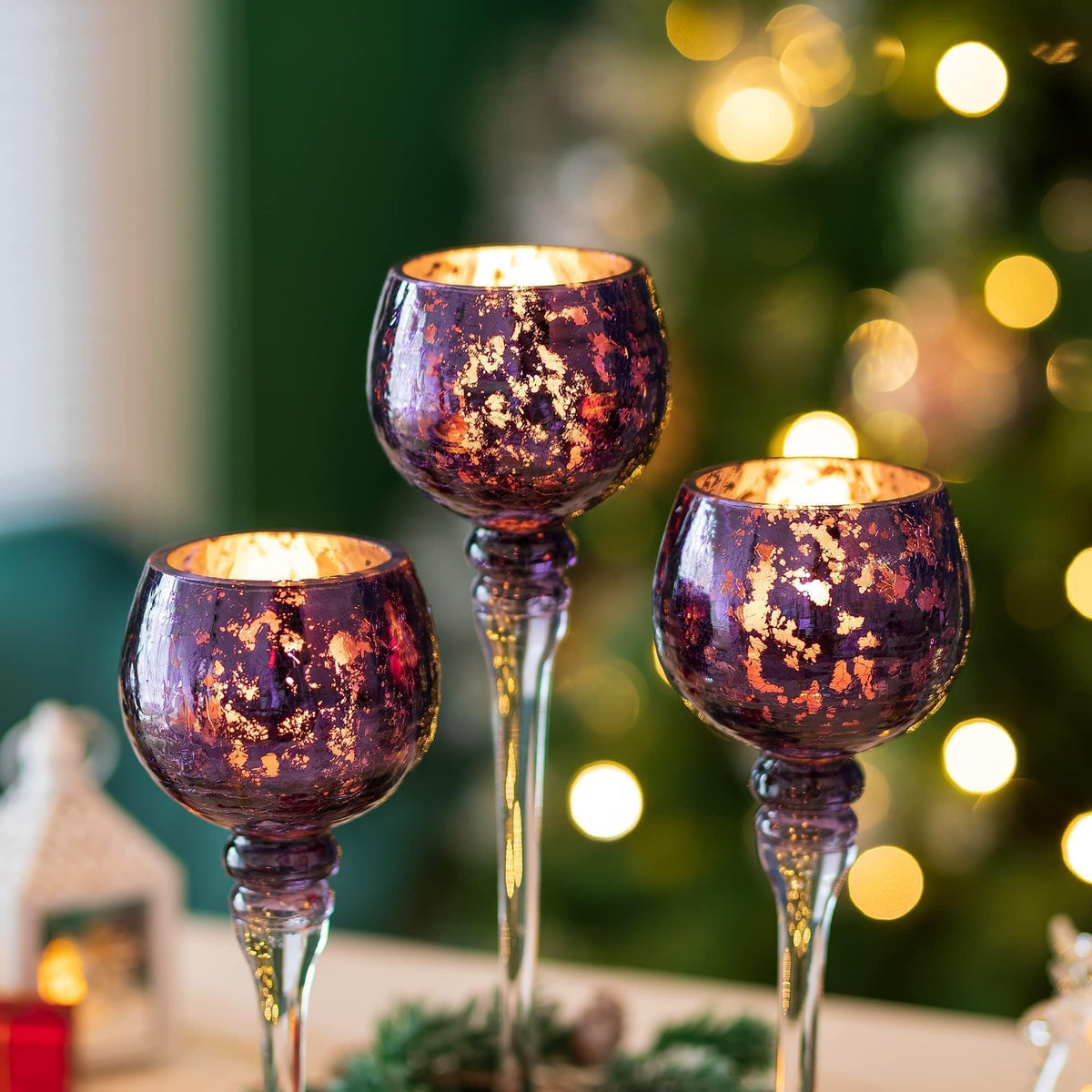 Inweder Glass Tealight Candle Holder: Purple Mercury Votive Holders 9/10/12 Inch Tall Long Setm Floating Candle Holders for Christmas Dining Table Centerpiece Wedding Party Halloween Set of 3