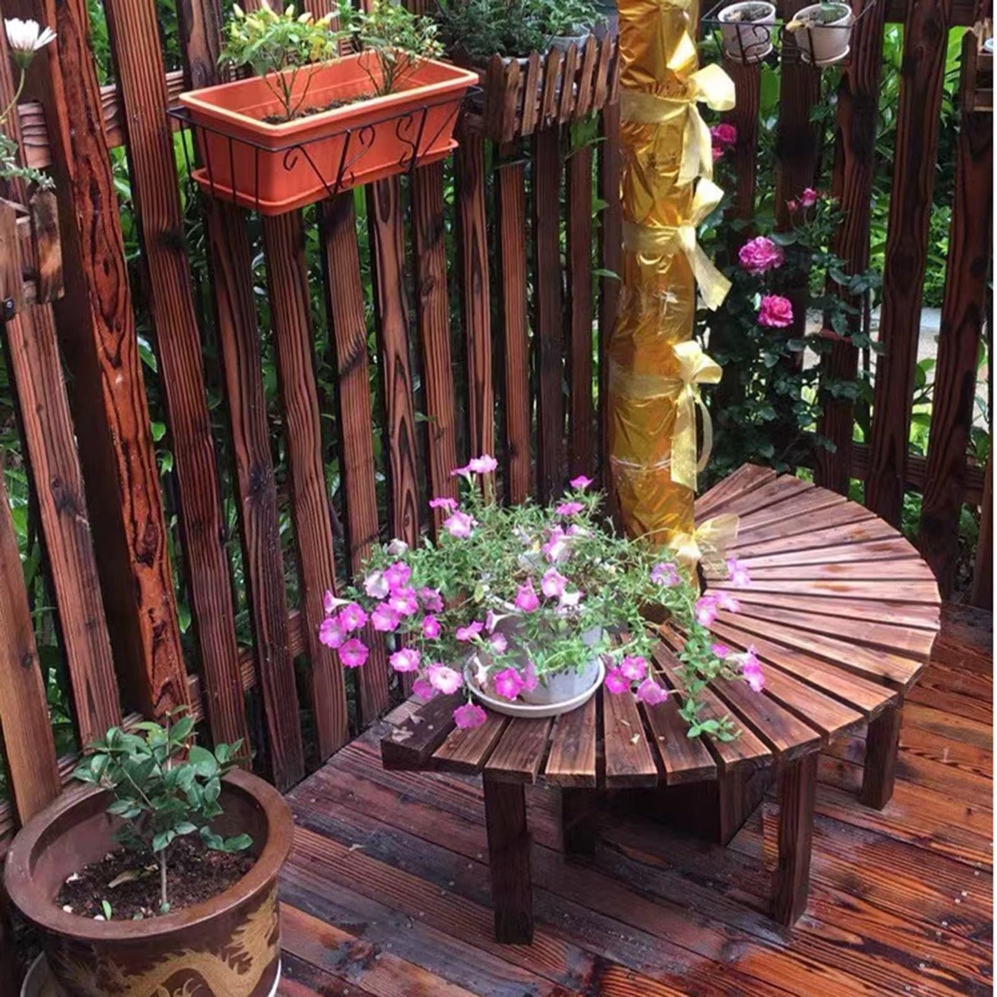 Wooden Semi-Circle Tree Bench - Outdoor Wrap-Around Seating for Park, Garden, Porch & Lawn - All-Weather Brown Furniture Decoration (Half Round Size)