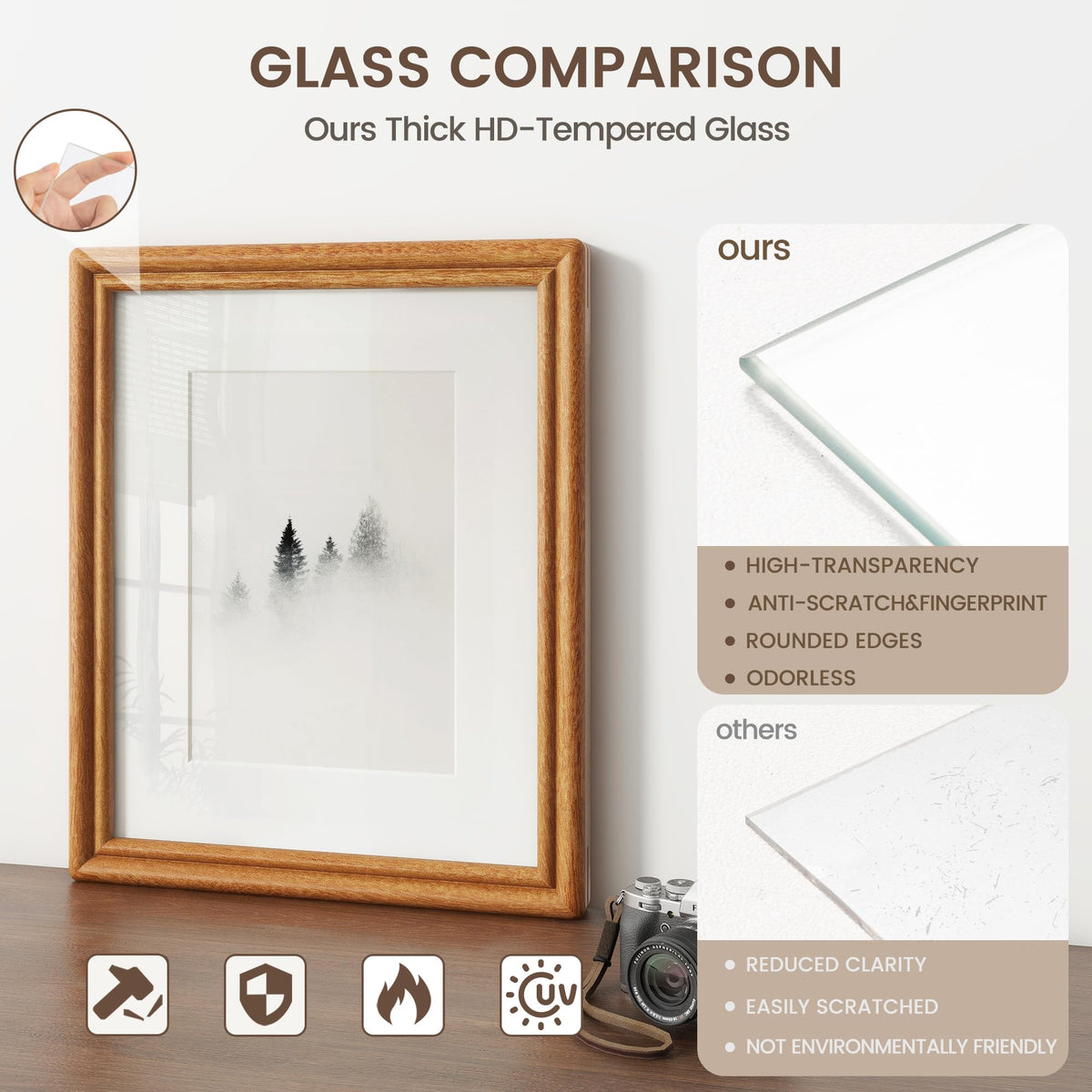 8x10 Picture Frame, USA-Sourced Natural Solid Teak Wood Photo Collage Frame with HD Tempered Glass, Rounded Corner 8 x 10 Wooden Frame Matted to 5x7, Gallery Wall Frames for Wall or Tabletop Display