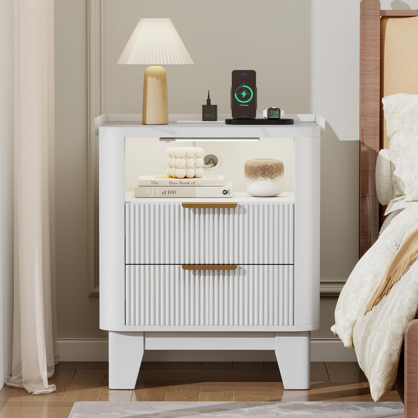 Baoz White Fluted Nightstand with Charging Station & 2 Drawers for Bedroom