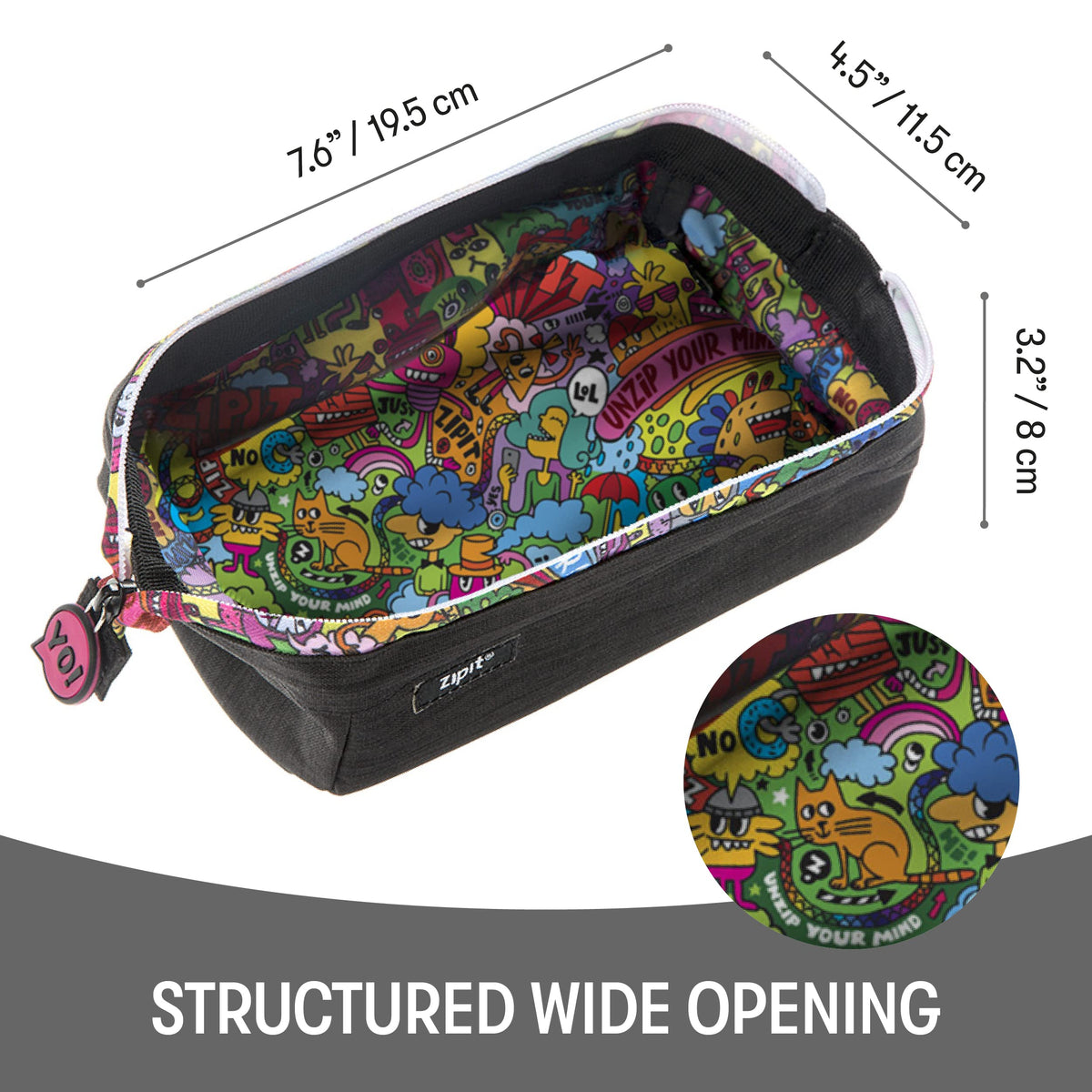 ZIPIT: Lenny Pencil Case - Black & Doodles - Large Storage Capacity Zipper Pouch, Makeup-Stationery Bag, School, Washable Polyester, Kids-Teens-Adults