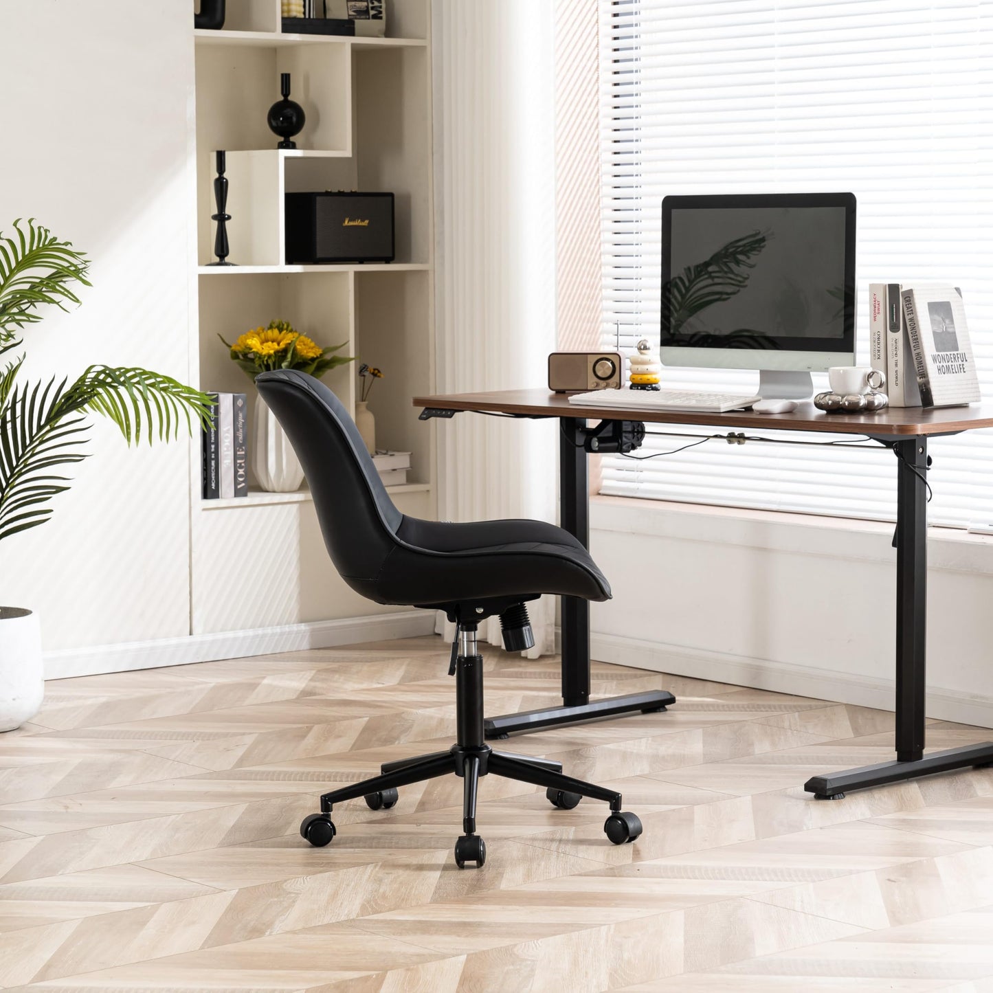 YOUNIKE Black Faux Leather Ergonomic Office Chair Armless Comfy Desk Chair with Rocking Back Cute Swivel Vanity Chair with Wheels Height Adjustable Small Computer Task Chair for Sewing Drafting