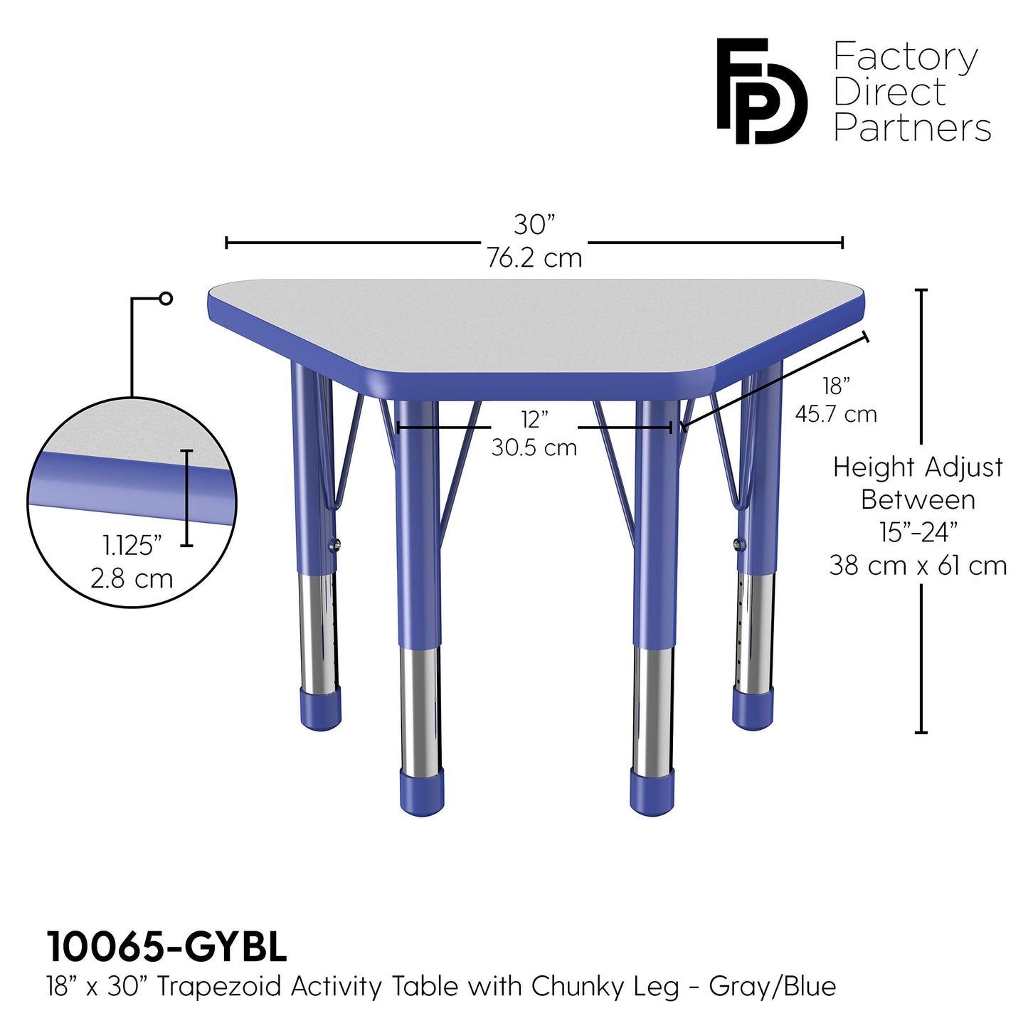 FDP Trapezoid Activity School and Classroom Kids Table (18 x 30 inch), Chunky Toddler Legs for Collaborative Seating Environments, Adjustable Height 15-24 inches - Gray Top and Blue Edge
