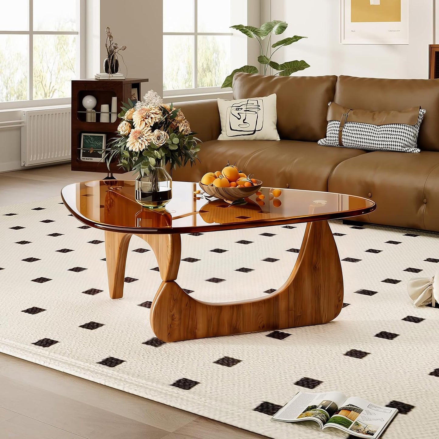 Modern Coffee Table for Living Room, 35.8" Mid Century Center Table,Brown Tempered Glass Triangle Top & Sturdy Solid Legs, Tea Table for Home Office, Easy Assembly