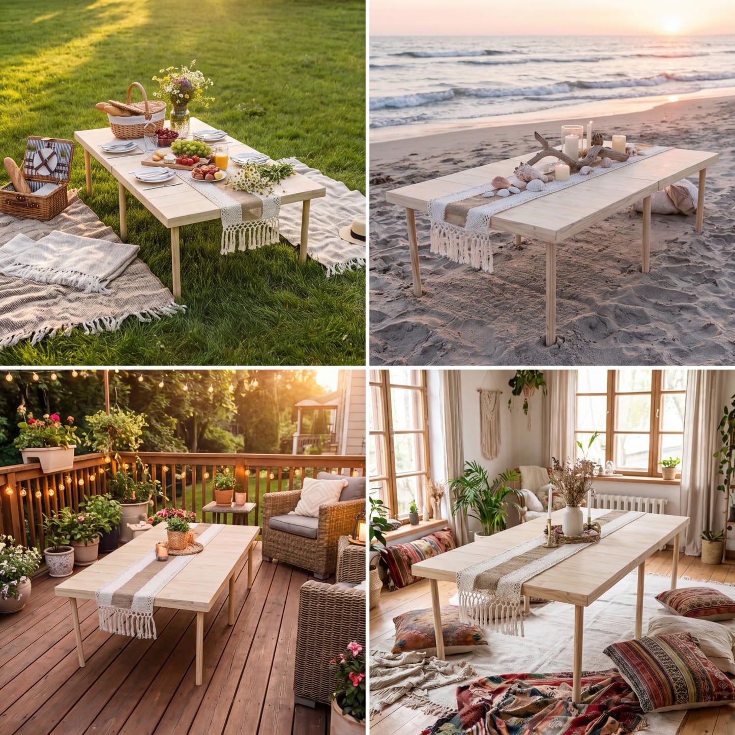60" x 30" Inch Boho Folding Picnic Table with Picnic Blanket Set and Tables Runner Portable Large Wooden Table with Adjustable Heights for Photoshoot Camping Beach BBQ Wedding Party Size for 6 People