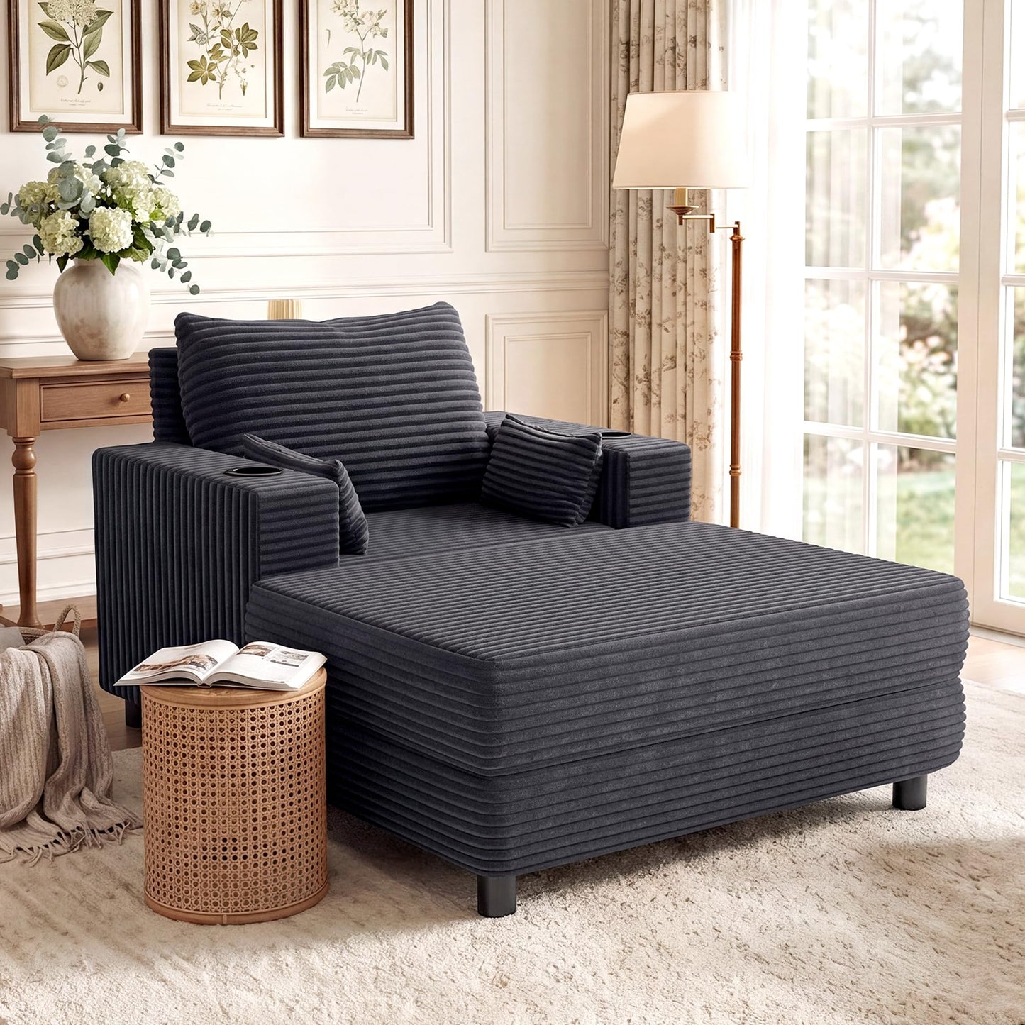 GRUSIGN 64" Chaise Lounge Chair Indoor, Oversized Sleeper Chair with Wood Frame, Corduroy Bedroom Couch, Reading Chair for Living Room, Deep Seat Sofa Bed with 2 Cup Holders
