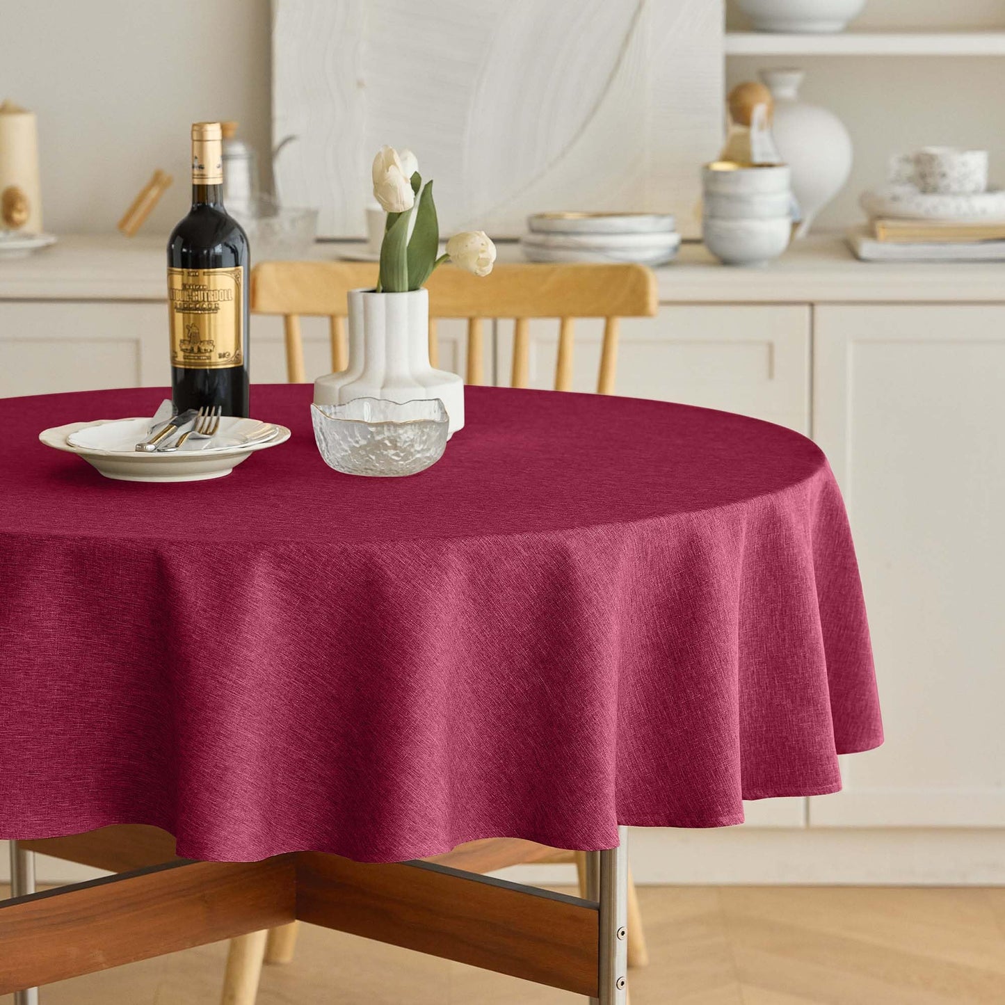Decorelia Christmas Red Waterproof Round Table Cloth for Round,Decorative Farmhouse Tablecloths Table Cover for Holiday,Banquet,Dining& Kitchen (60 Inch,Round (2-4 Seats,Burgundy)