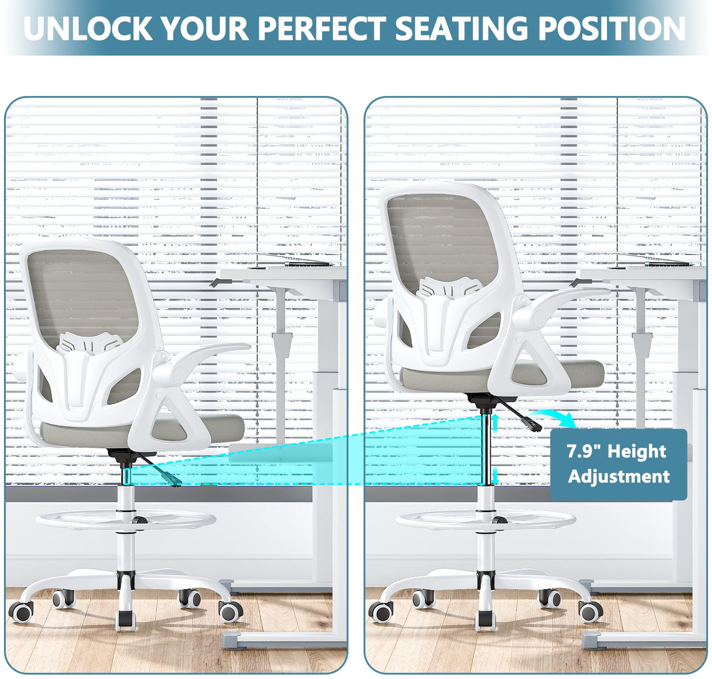 Kensaker Drafting Chair Tall Office Chair, Ergonomic Standing Desk Chair with Adjustable Foot Ring and Flip-up Armrests, Mesh Computer Chair for Art Studio, 300 LBS, Gray