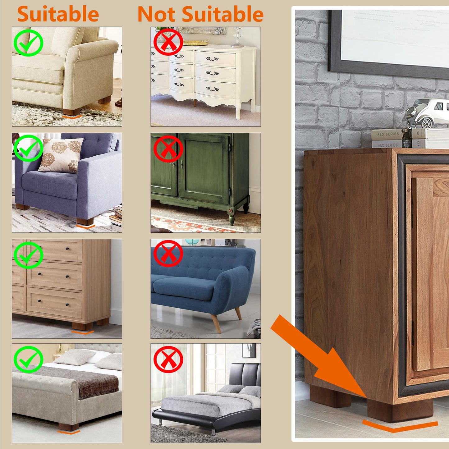 AORYVIC Solid Wood Legs for Furniture, L-Shaped Bed Risers, 3 inch Furniture Legs for Sofa Couch Dresser Cabinet Table, Couch Sofa Feet, Furniture Risers, Bed Lifters 4 Pack