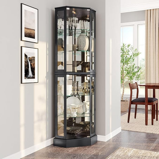 BELLEZE Lighted 3-Side Glass Display Curio Cabinet