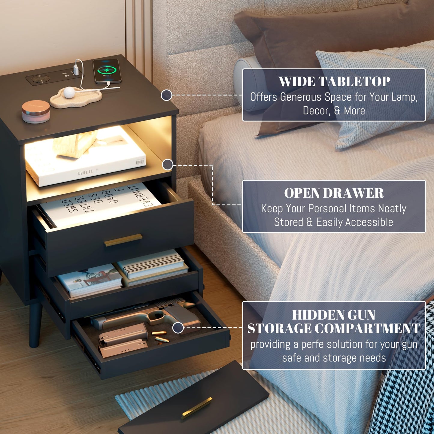 LVSOMT Black Bedroom Nightstand with Charging Station and LED Lights, Modern Bedside Table with Hidded Drawer, Smart Night Stand with Open Storage Shelf, USB Port, Metal Legs