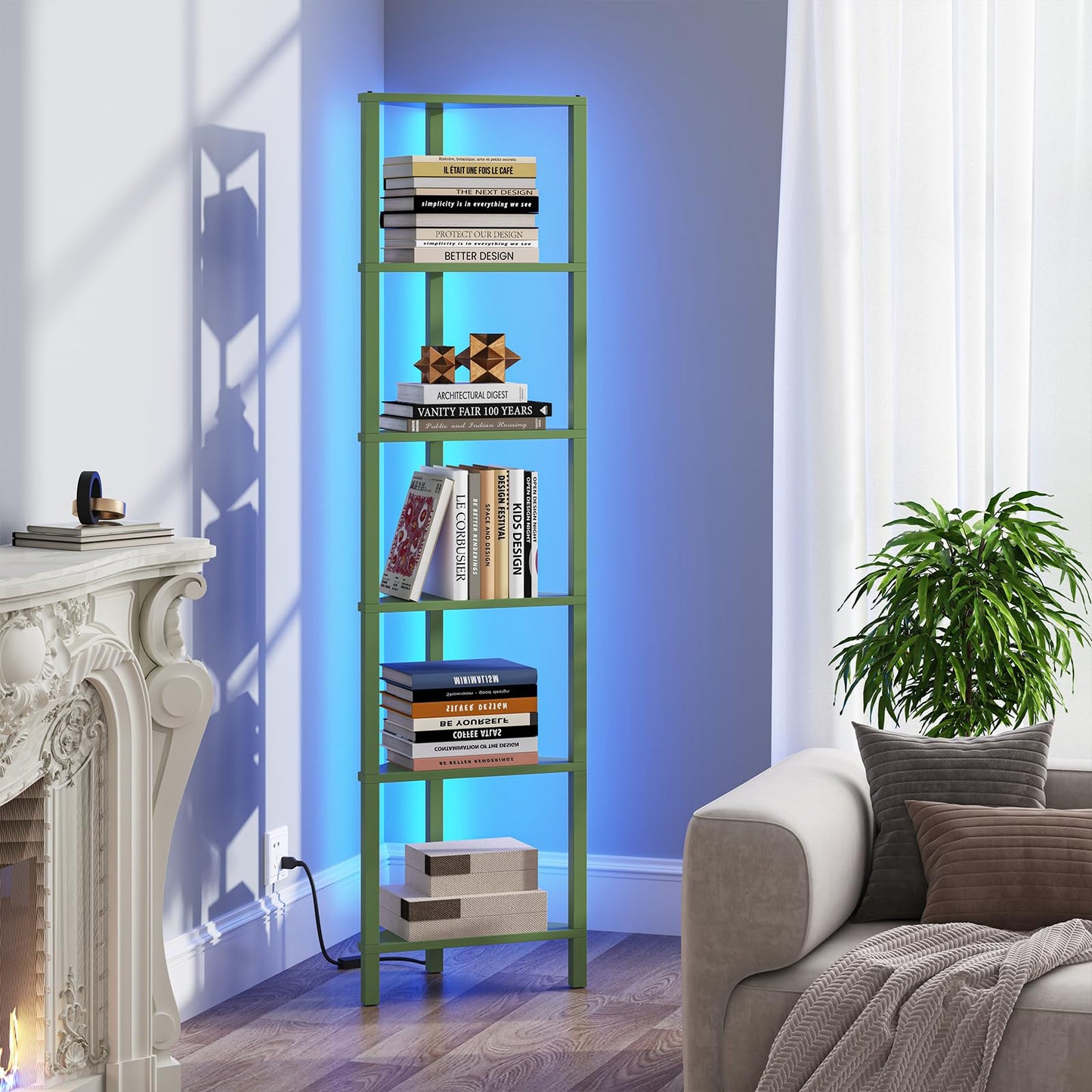 TUTOTAK Corner Shelf with LED Light, 6-Tier Corner Bookshelf for Small Space, Narrow Display Corner Shelf Stand with Storage Rack, for Living Room, Bedroom, Olive Green BS05BOG006L