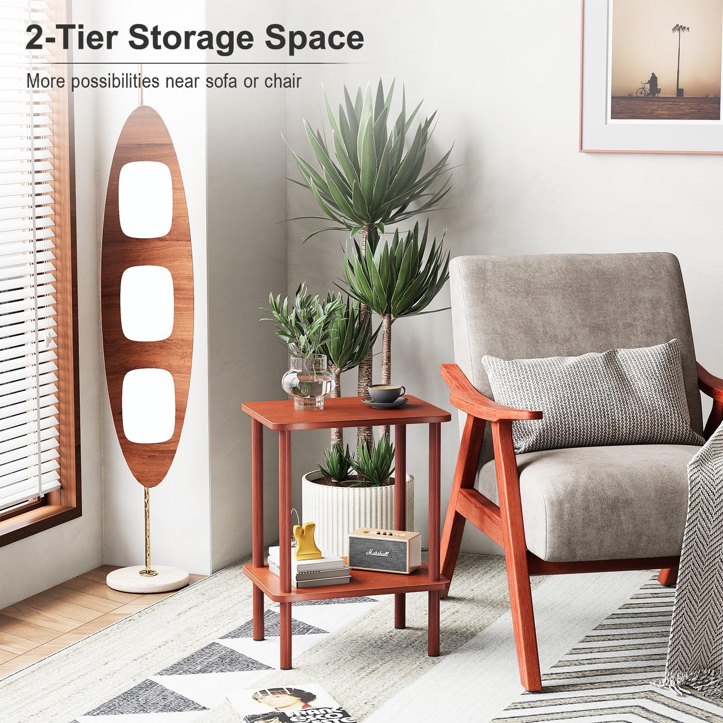 Apicizon 2 Tier End Table, Small Side Table with Solid Wood Legs, Boho Bedside Table with Storage Shelf, Nightstand for Small Spaces, Bedroom, Living Room, Entryway, Easy Assembly, Vintage Brown