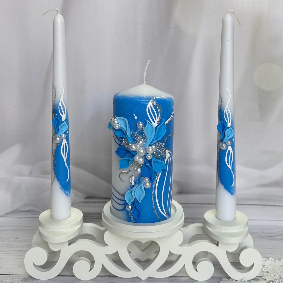 Magik Life Unity Candle Set - Wedding Ceremony & Reception – 6” Pillar & Two 10” Taper Candles – Long Burning Unity Candles for Marriage Ritual – Handmade in USA –White | Royal Blue