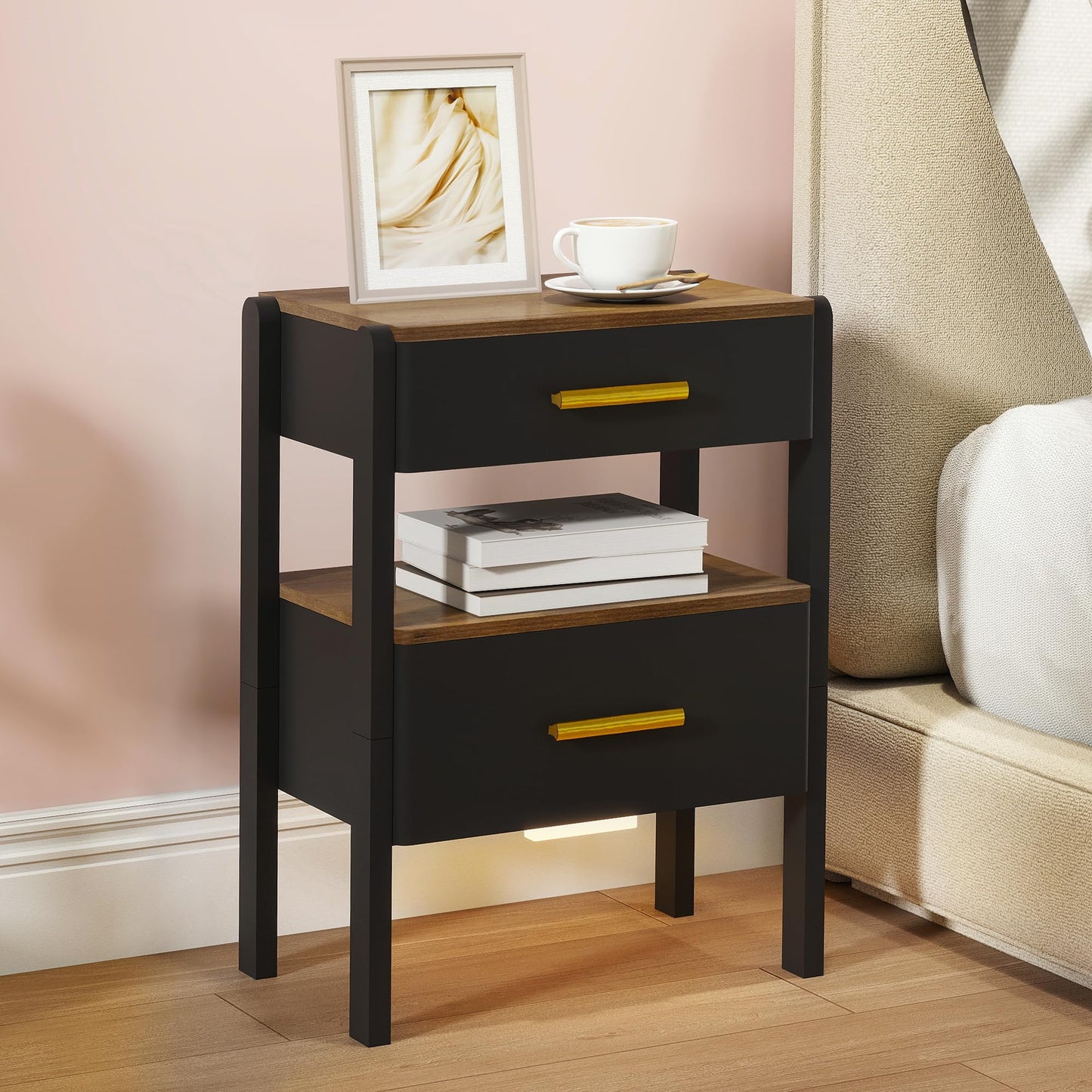 Tltaroni Nightstand with 2 Drawers and Open Shelf Wooden Bedside Table Gold Handles Modern Storage Night Stand Sensor Light for Bedroom, Black and Brown