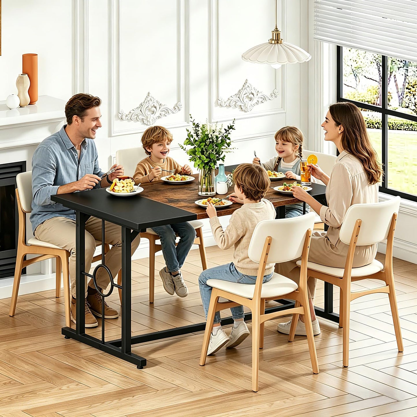 HOOBRO Dining Table, Wooden Kitchen Table for 4-6, Rectangular Dining Room Table with Sturdy Metal Legs, Long Dinner Tables with Large Tabletop for Living Room Kitchen, Rustic Brown and Black BF20CZ01
