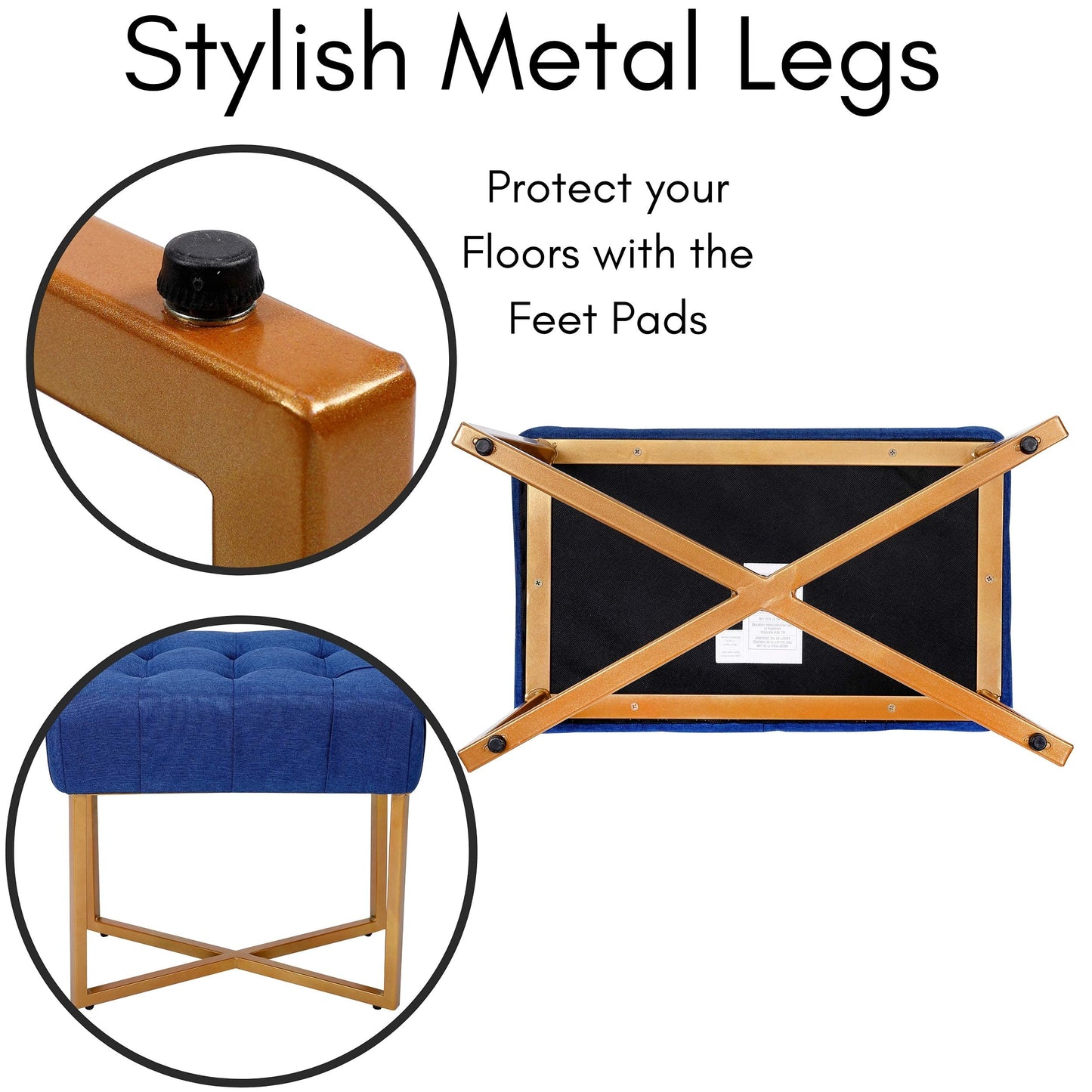 BIRDROCK HOME Rectangle Tufted Linen Ottoman Foot Rest - 19.7x11.82x17.73” Small Foot Stool with Legs - Padded Footrest Modern Ottomans for Living Room Furniture, Bedroom Footstool (Blue)