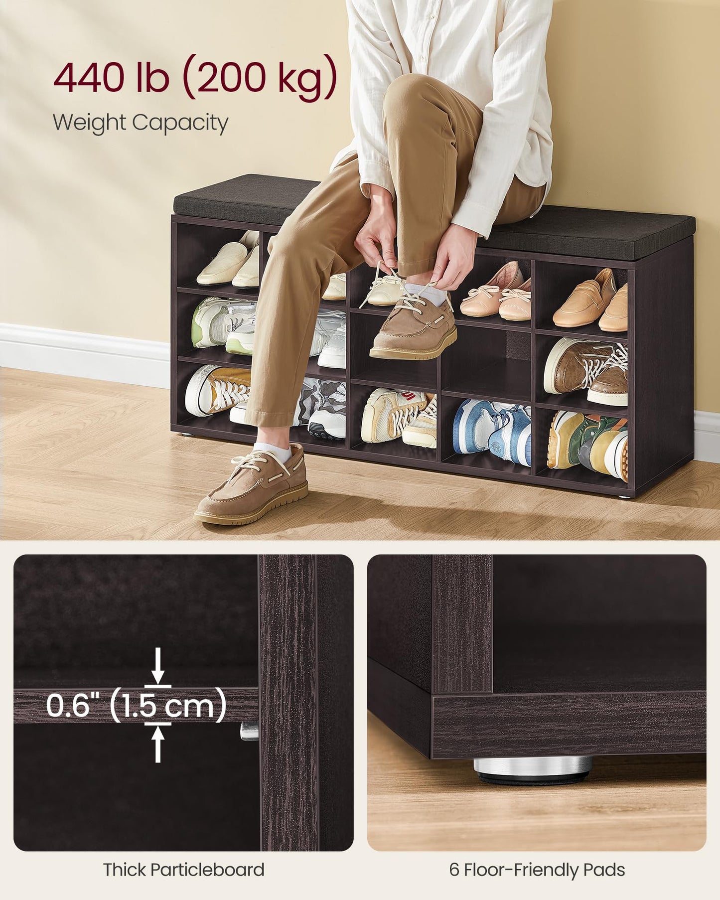 VASAGLE CUSTOS Collection - Shoe Bench, Storage Bench with Padded Seat, Entryway Bench with 15 Compartments, for Bedroom, 11.8 x 41.3 x 18.9 Inches, Espresso Brown and Chestnut Brown ULHS15BR
