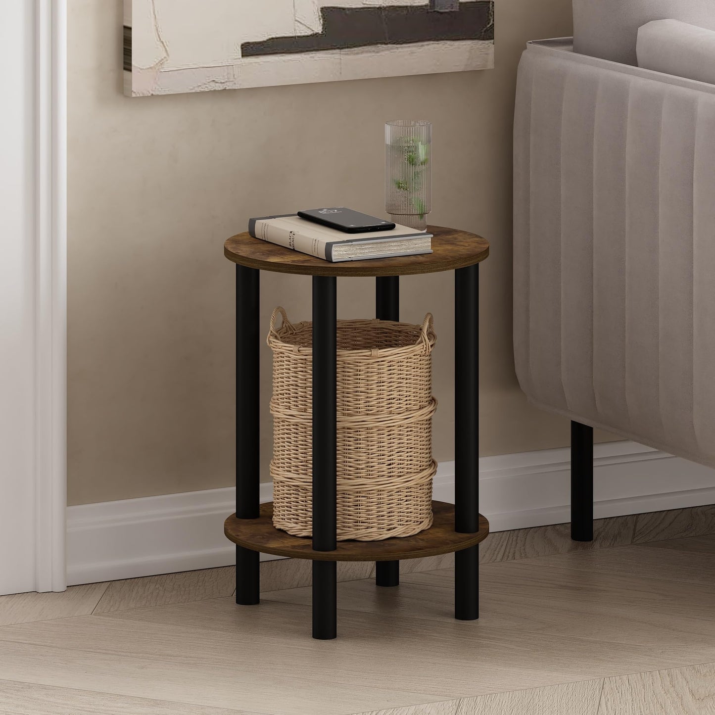 Furinno Turn-N-Tube Side Table, 2-Tier Round End Table, Toolless Assembly Night Stand, Bedside Table with Open Shelf, for Living Room, Bedroom, Amber Pine