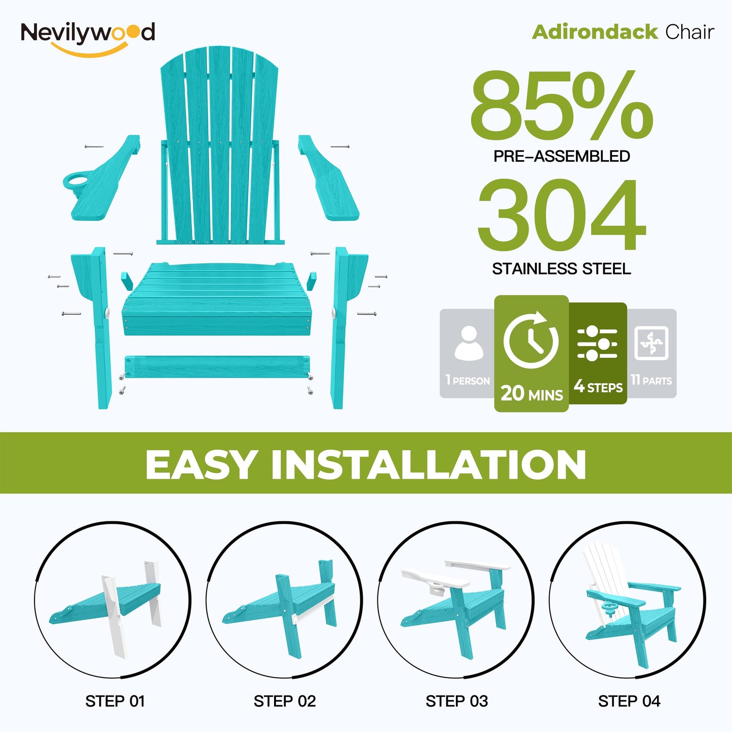 nevilywood Folding Adirondack Chair, Ergonomic, Cup Holder, 380lbs,Aruba
