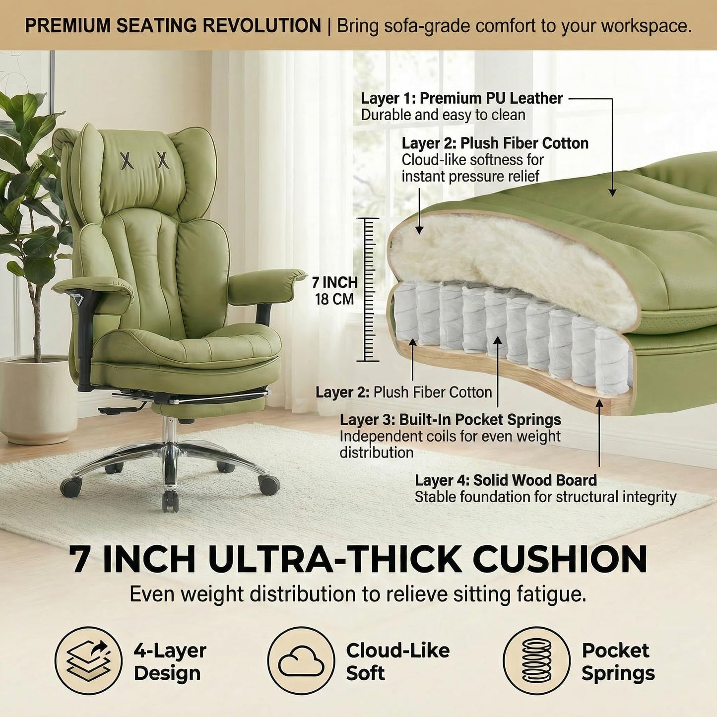ATMILD Big and Tall Office Chair, 400lbs Heavy Duty Wide Seat Executive Chair with Footrest, High Back Leather Computer Desk Chair for Home Office (Green)