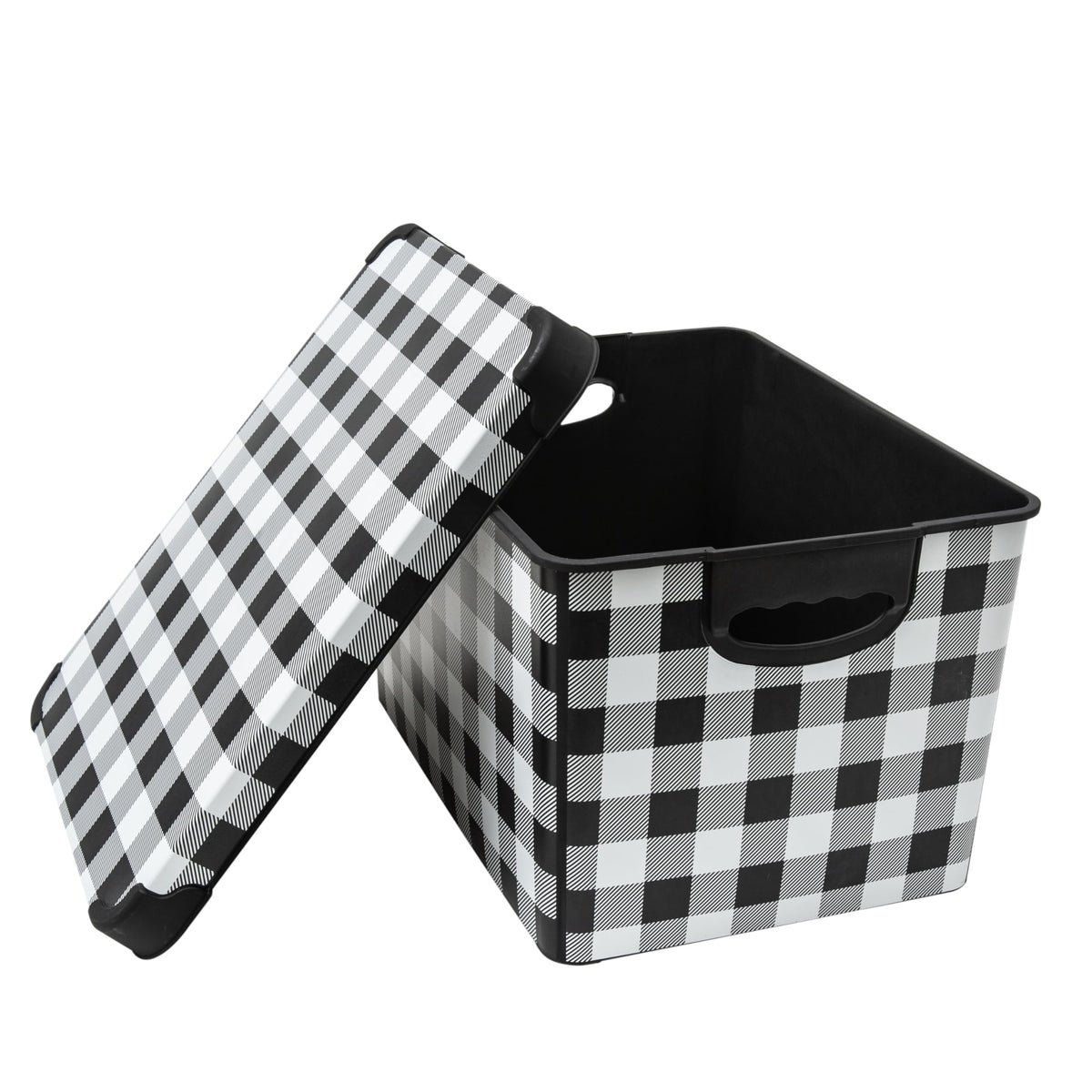 Simplify Checkered Design Storage Bin | Christmas Tote | Holiday Décor Decorations Organizer | Buffalo Plaid Design | Lidded | Stackable | Black and White