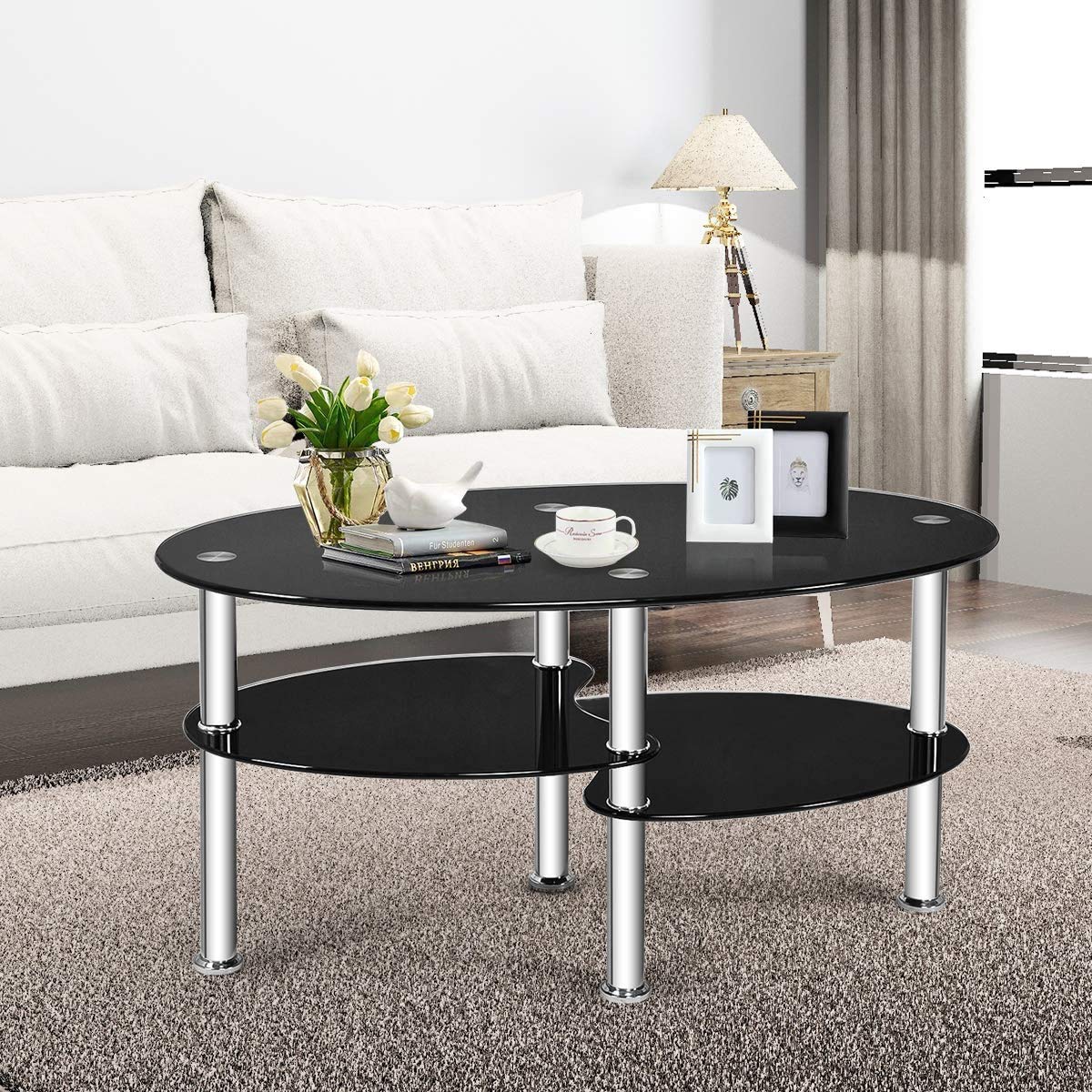 FANTASK Tempered Glass Coffee Table, Oval 3-Tier Steel Tea Table w/Spacious Glass Desk-Top, Open Storage Shelf, Modern End Side Table for Home Living Room Office Reception (Black Glass)