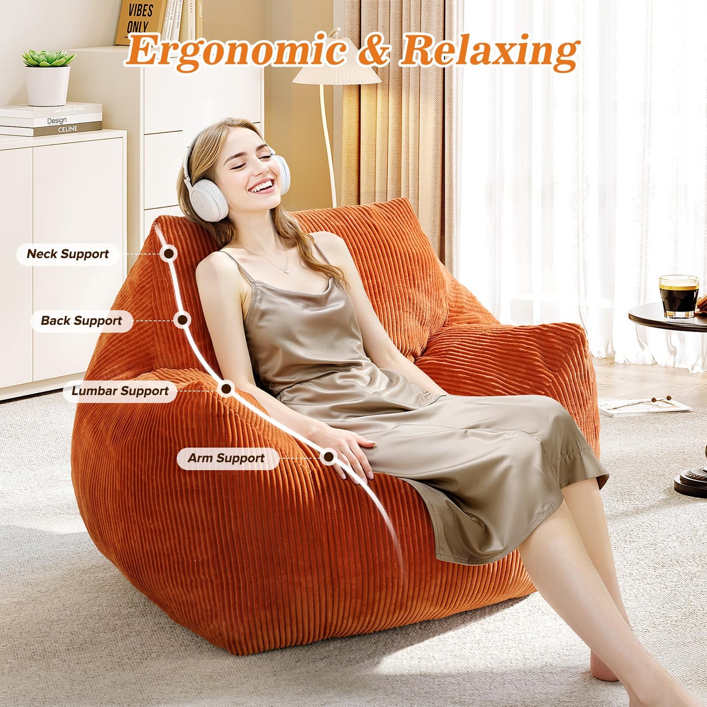 Vellorise Big Bean Bag Chair for Adults, Ultra Soft Living Room Bean Bag with Armrests, Stuffed BeanBag Chair for Napping, Gaming, Vacuum-Compressed for Easy Gifting, 48 Hours to Fluffs Up, Orange