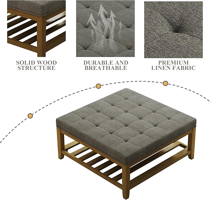 Befurtori Large Square Ottoman Coffee Table, Linen Solid Upholstered Footrest