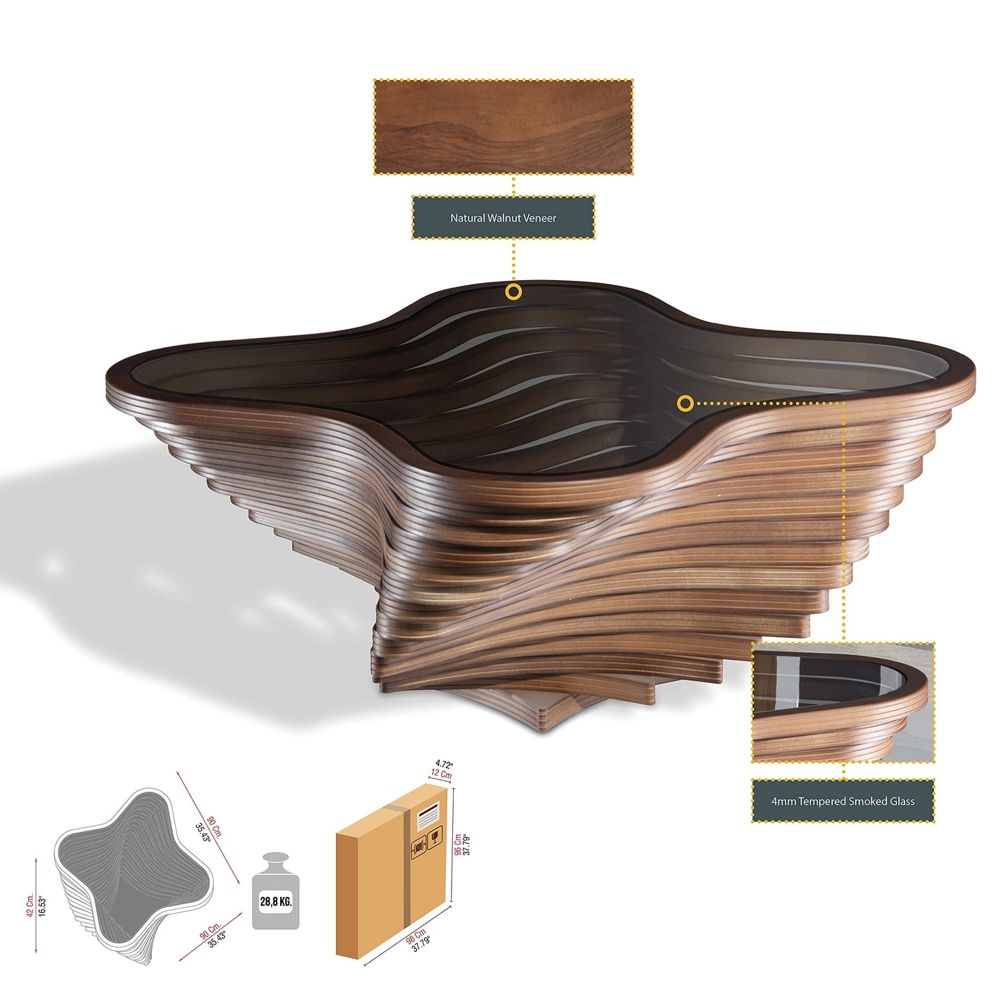 Papella Design Modern Coffee Table – Natural Walnut Veneer, Tempered Glass Top, Layered Wave Design, Rustic Wood, Contemporary Living Room Table, Luxury Home & Office Decor, Mesa de Centro para Sala.