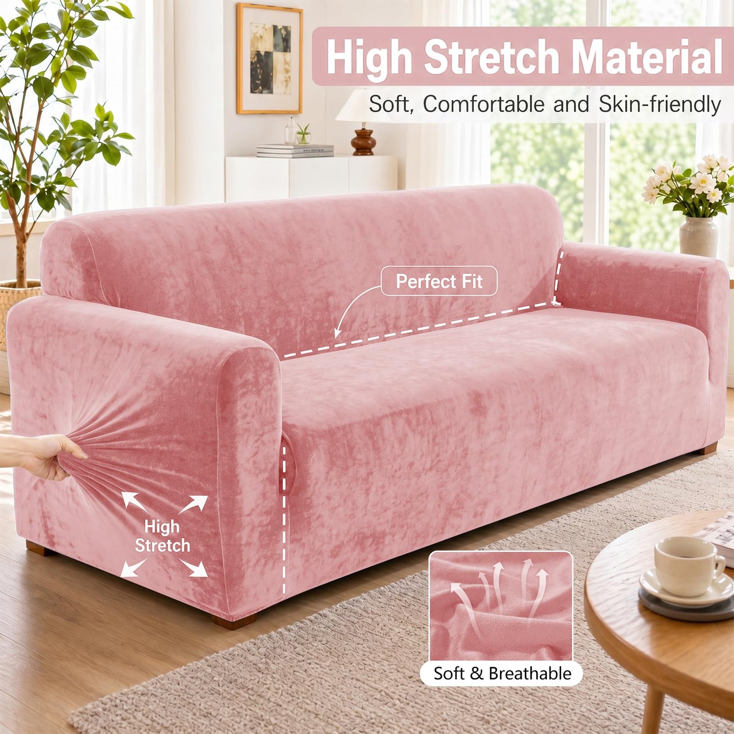 YEMYHOM Real Velvet Couch Covers for 2 Cushion Couch High Stretch 1 Piece Loveseat Slipcover for Pets Dogs Anti Slip Love Seat Sofa Slipcover Furniture Protector (55"-69", Dusty Pink)
