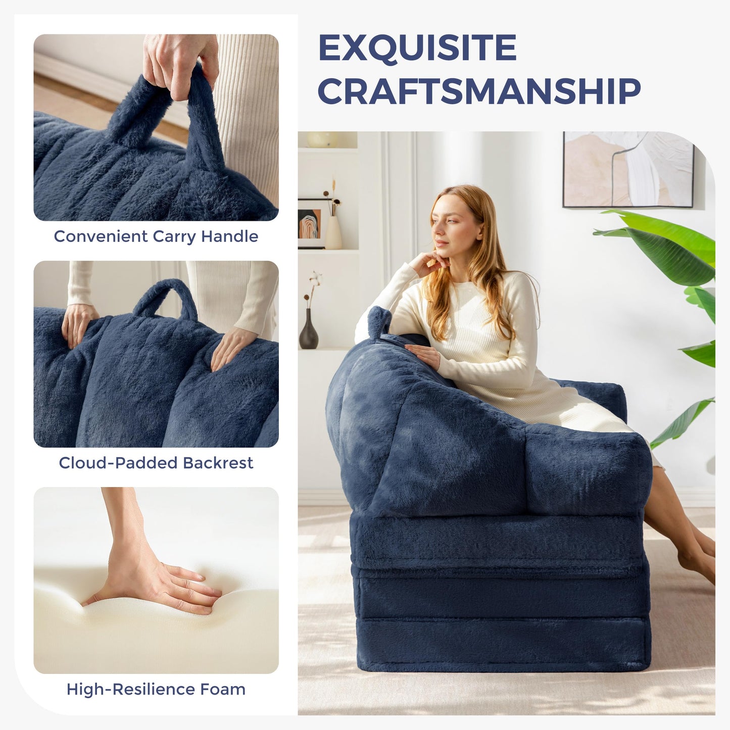 MAXYOYO Folding Sofa Bed, 2 in 1 Convertible Sofa to Lounger Comfy Loveseat Bean Bag Chair for Adults, Floor Couch with Handle, Faux Fur Couch Bed for Living Room Bedroom, Navy, Loveseat