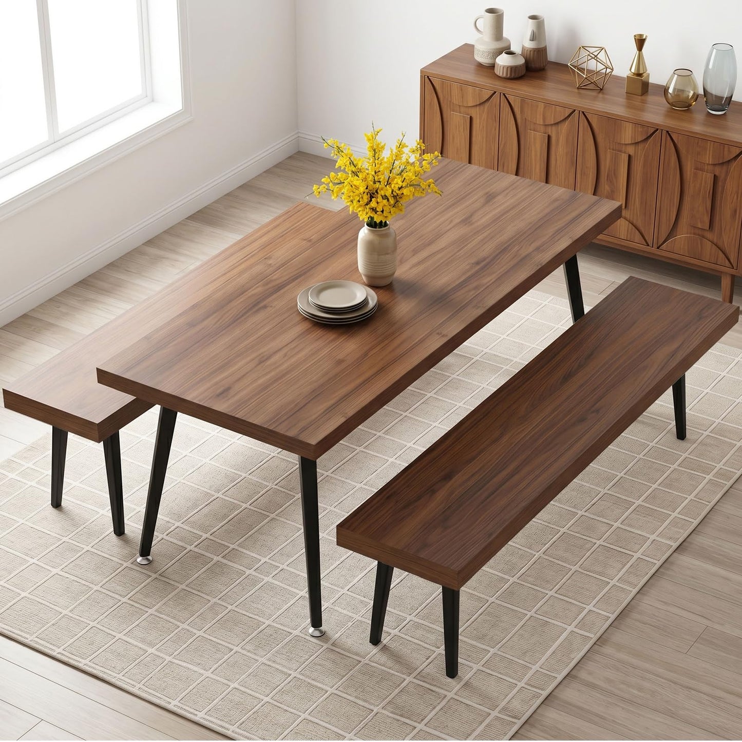 ZckyCine 3-Piece Dining Table Set with 2 Benches, 71" Modern Industrial Kitchen Table Set with Thick MDF Wood Top and Heavy Duty Metal Legs, Space Saving Dinner Table and Benches for Dining Room