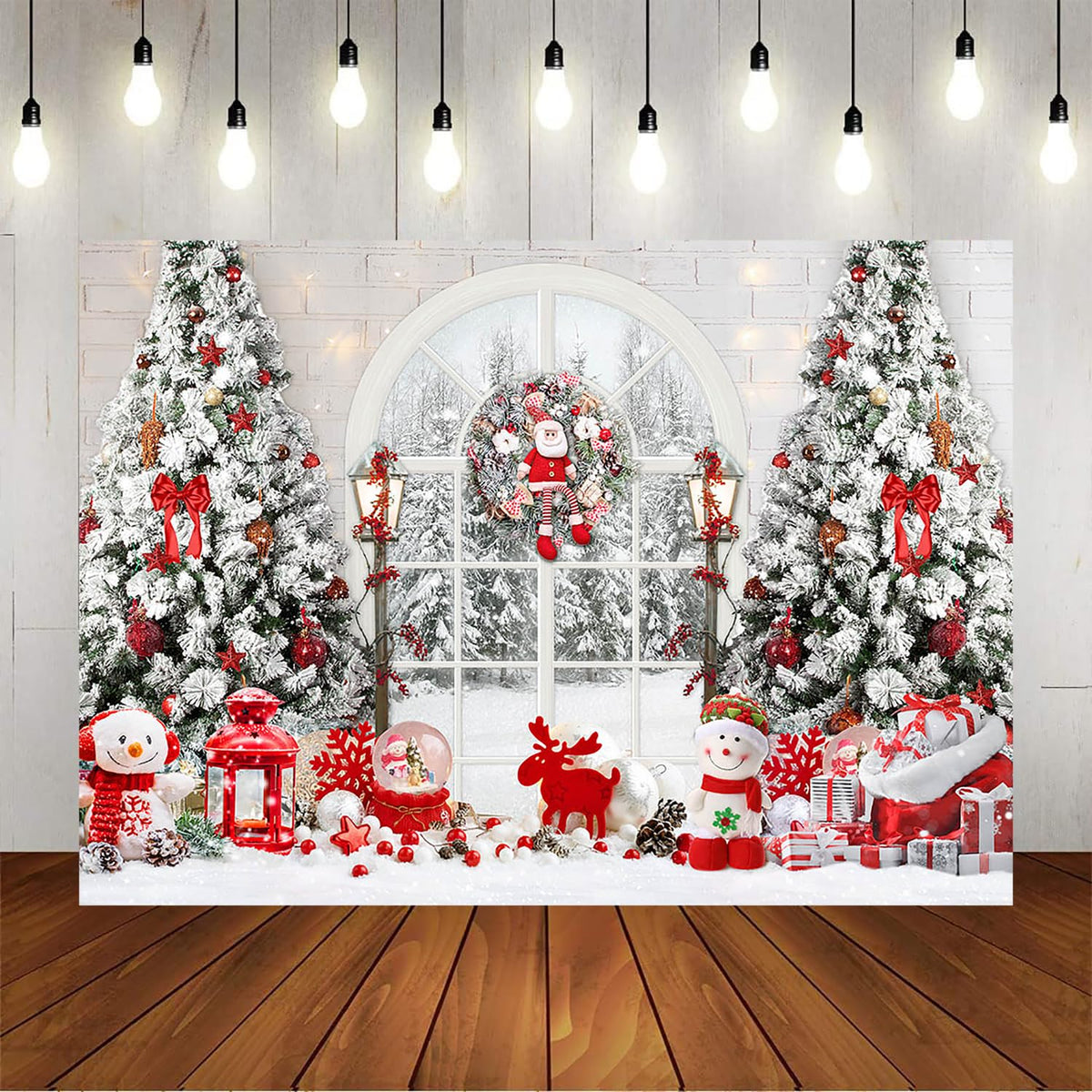 Mocsicka Christmas Window Backdrop Snow World Santa Claus Snowman Photography Background Christmas Tree New Years Kids Family Party Decoration Props Portrait Photo Studio Props (8x6ft)